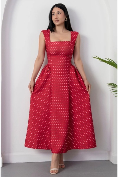 open lace back dress The Red V Neck Polka Dot Tie Back Midi Dress