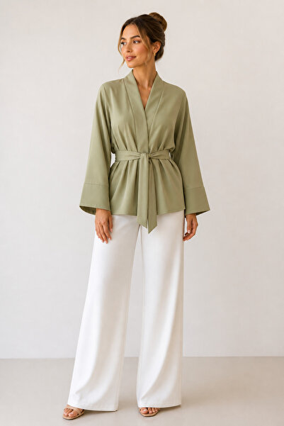Glowear Atelier Olive Kuşaklı Tasarım Kimono - HAKİ