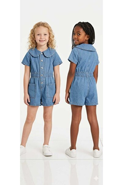 Butik Retro Tarz Bebe Yaka Kısa Kollu Denim Çocuk Tulumu