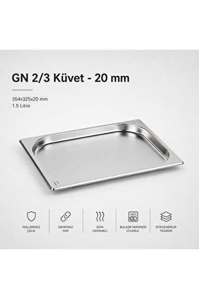 Natsan Paslanmaz Çelik Gastronom/gastronorm Küvet Gn 2/3-20 (35,4 X 32,5 X 2 CM)