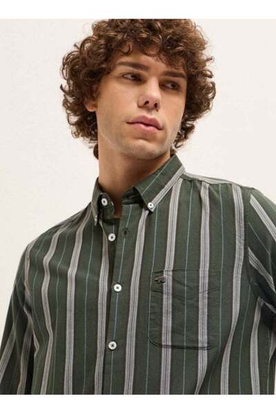 The Bear House Men's Green With Grey Stripes Slim Fit Casual Shirt For Every ...