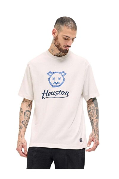 The Bear House Men's White Taped Bear Graphic Print Oversize Crew Neck T-shir...