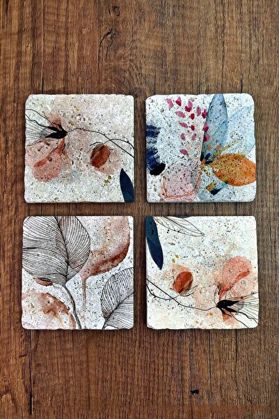 Begoloni Stone Decor Doğal Taş Bardak Altlığı Çiçek Desenleri Baskılı 4'lü Se...