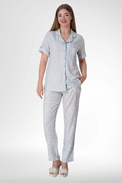 Mecit Pijama Mecit 5144 Mavi Boydan Düğmeli Kadın Pijama Takımı