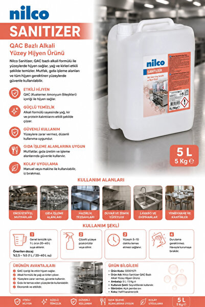 nilco 32001571 Sanitizer Qac Bazlı Alkali Yüzey Hijyen Ürünü 5 L