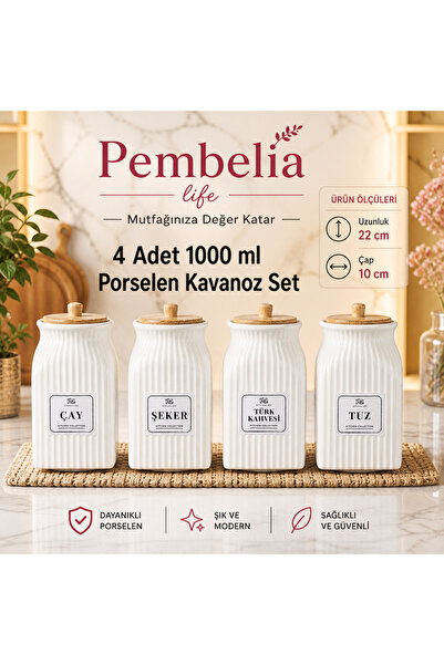 Pembelia Life 4’lü Bambu Kapaklı Porselen 1000 ml Çay Şeker Türk Kahve Tuz Sa...
