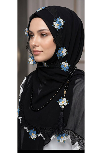 NUMİSTORE İğne oyası siyah renk tesbihli namaz örtüsü