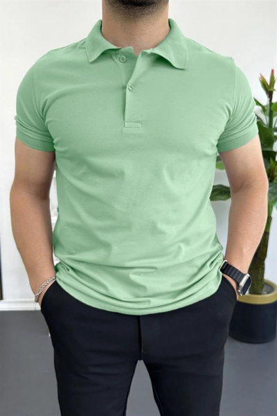 Edwox Tricou polo moale din bumbac, slim fit, culoare uni, verde apă Edw365