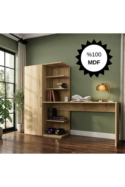 Bicabin MDF Narin Raflı Kitaplıklı Dolaplı Çalışma Masası Lefkas Meşe- (Dolap...