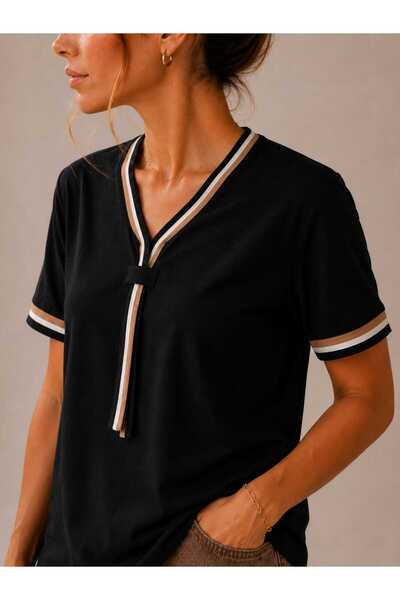 Benedetto Tricou elegant cu mânecă scurtă, cu decolteu în V, cu dungi, din bu...