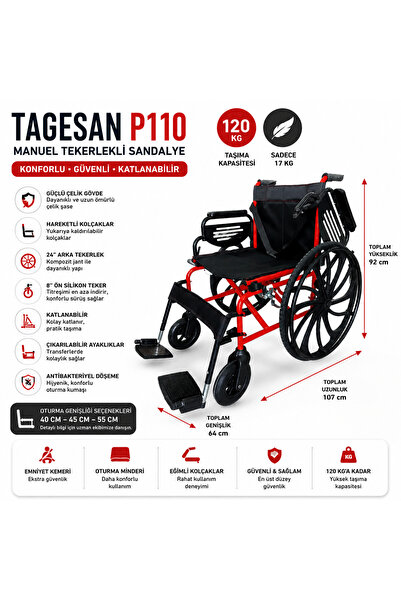 POYLİN P110y Manuel Tekerlekli Sandalye Kırmızı