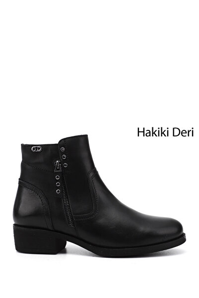 Women's Black Double Zippered Rubber Sole Genuine Leather Boots