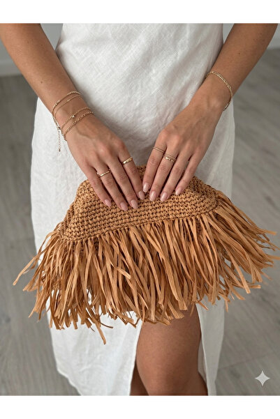 WOMANBAG PÜSKÜLLÜ HASIR EL YAPIMI CLUTCH ÇANTA EL ÇANTASI (36x21cm)