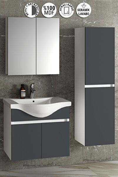 ÖZCEDEN Yıldız 65+35 cm Beyaz-Antrasit Gri Mat MDF Seramik Lavabolu Asma Bany...