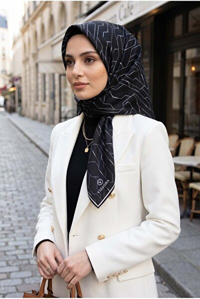 Vissona %100 Twill İpek Geometrik Desenli Siyah - Gri Renkli 90x90 Eşarp Diki...