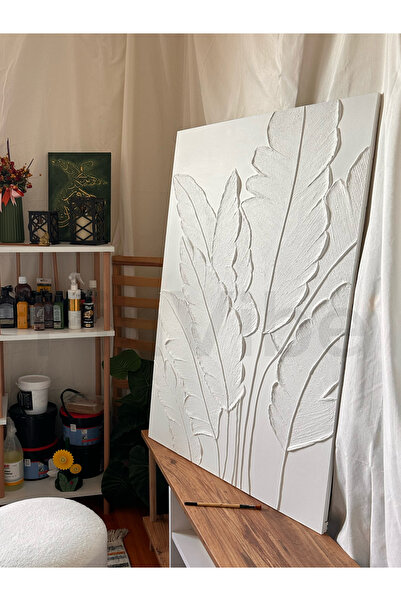 Home Dekoratif Kabartma Yaprak Tablo - 3D Beyaz Minimalist Duvar Dekoru, Mode...