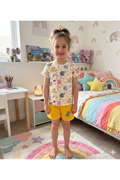 elmas kids Κοριτσίστικο 100% βαμβακερό σορτς με κοντό μανίκι με σχέδιο ελέφαν...