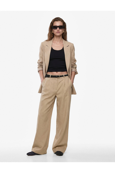 Koton Wide-Leg Linen Trousers with Pockets, Pile Detail, and Belt