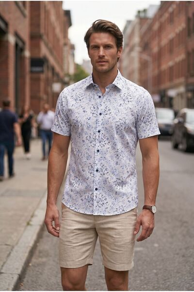 Louis Fabel Short Sleeve Men's Shirt with Micro Floral Pattern on White Backg...