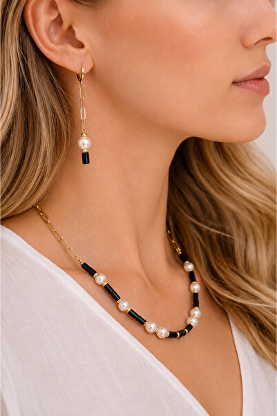 Camellie KY Jewels Nocte Pearl | Doğal Oltu Taşı Vegan Cam İnci Altın Kaplama...
