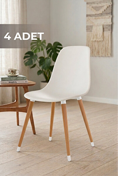 Abant Natural 4-Piece Set White Chair with Wooden Legs