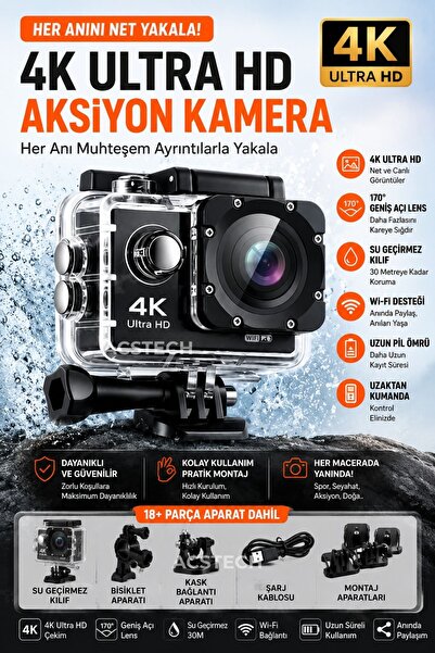 ACSTECH 4K Destekli Aksiyon Kamera | Su Geçirmez 30M | Ultra HD | WiFi | 2'' ...