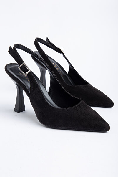 Women's Black Suede Buckle Pointed Toe Stylish Heels