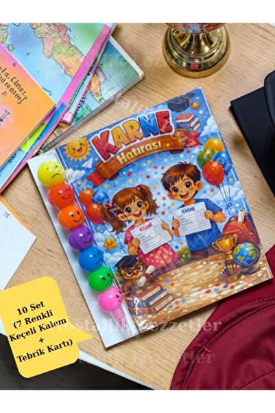 Nostaljik Lezzetler Karne Hediyesi 10 Set Renkli Keçeli Kalem ve Tebrik Kartı