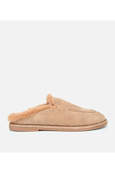 Hotiç Women's Suede Leather Beige Fur Lined Flat Casual Slippers