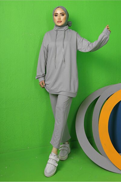 TRENDTESETTÜR KADIN GRİ BAĞCIK DETAYLI PANTOLONLU EŞOFMAN TAKIM T 0143