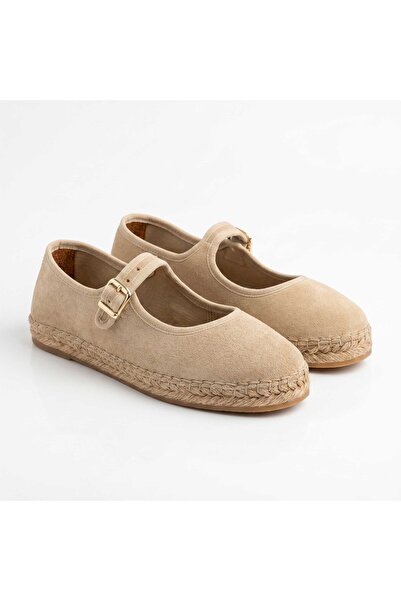 SİBA SHOES حذاء إسبادريل نسائي مسطح من جلد الغزال الأصلي باللون البيج