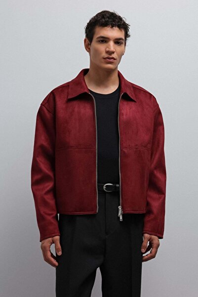 Antioch Burgundy Zippered Faux Suede Men's Coat
