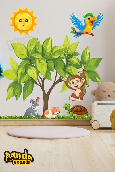 PANDA SOKAĞI Renkli hayvanlar güneş ve mavi kuş duvar sticker kendinden yapış...