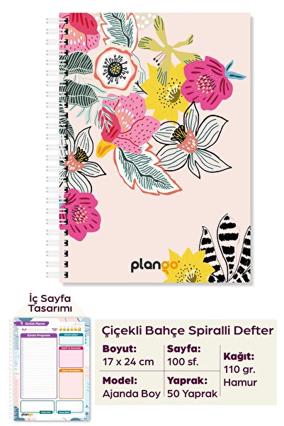 Plango Renkli Çiçekler Spiralli Günlük Planlama Defteri - 100 Sayfa - 17x24 P...