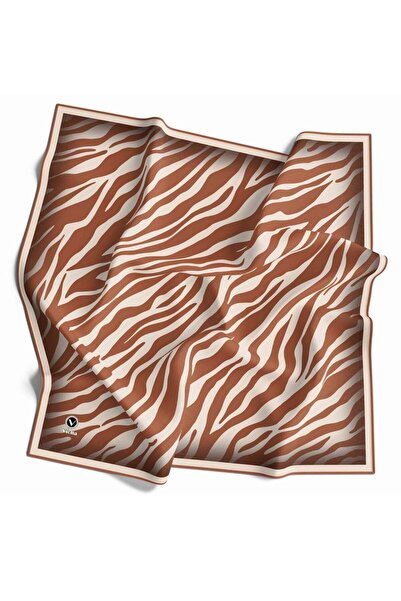 VİOLLA Kristal Zebra Desenli Krem - Taba Renkli 90x90 Eşarp (İpek İçermez) Di...