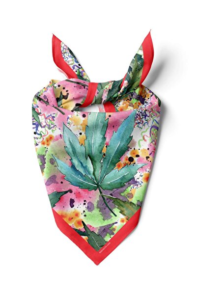Modabutik A74 Kadın Yaprak Desenli Bandana 50x50 Yeşil Pembe DG0455-22