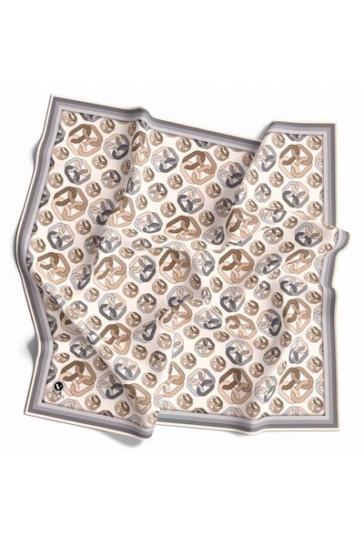 VİOLLA Kristal Zincir Motif Desenli Gri - Krem Renkli 90x90 Eşarp (İpek İçerm...