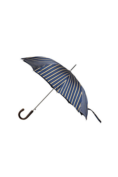 LUXURY Umbrelă bleumarin cu dungi aurii și mâner din lemn