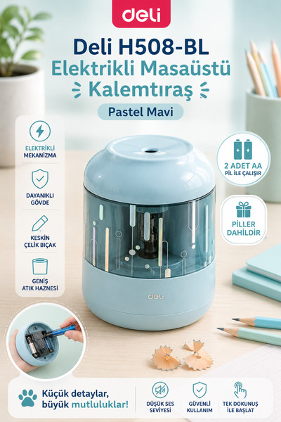 Deli Deli Elektrikli Masa Üstü Pastel Mavi Kalemtraş H508-BL