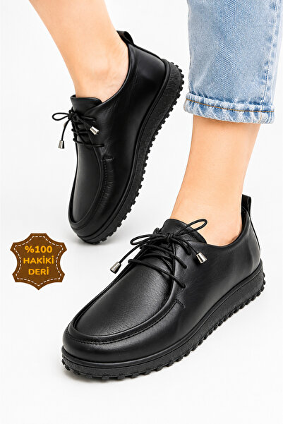 viderri Black Genuine Leather Women's Casual Shoes Lace-Up Orthopedic Comfort...