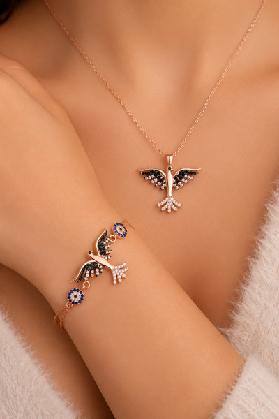 Siset Gümüş 925 Ayar Rose Kaplama Anka Kuşu Kolye - Bileklik  İkili Gümüş Set