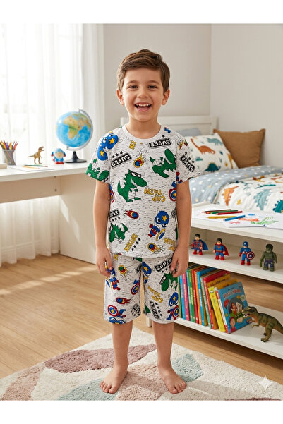 ALİŞ KİDS Set de pijamale de vară pentru băieți, din bumbac, alb, cu model Su...