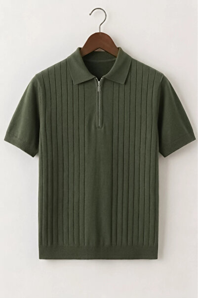 Edwox Tricou pentru bărbați Line cu model din tricot cu gât polo, verde desch...