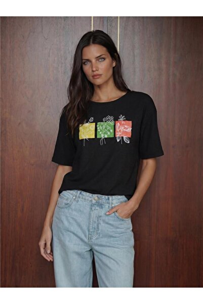 WeShaya Tricou negru tricotat, cu imprimeu de bază, cu mânecă scurtă, din pol...