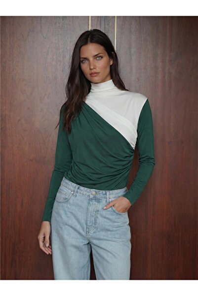 WeShaya Emerald Green Flexible Textured Long Sleeve Sandy Blouse with Drawstr...