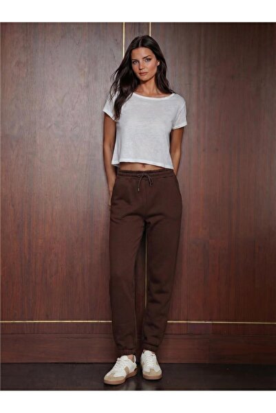 WeShaya Brown Cotton-Polyester Blend Elastic Waist Straight-Leg Three-Thread ...