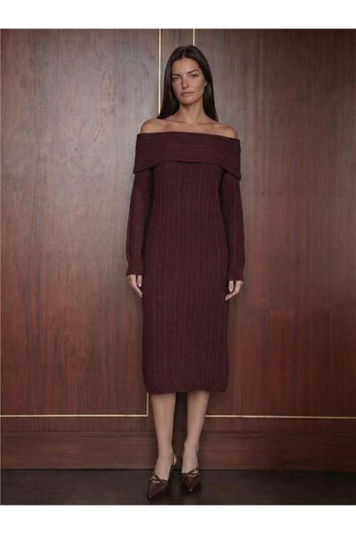 WeShaya Burgundy Knitwear Madonna Collar Long Sleeve Oversize Acrylic Polyest...