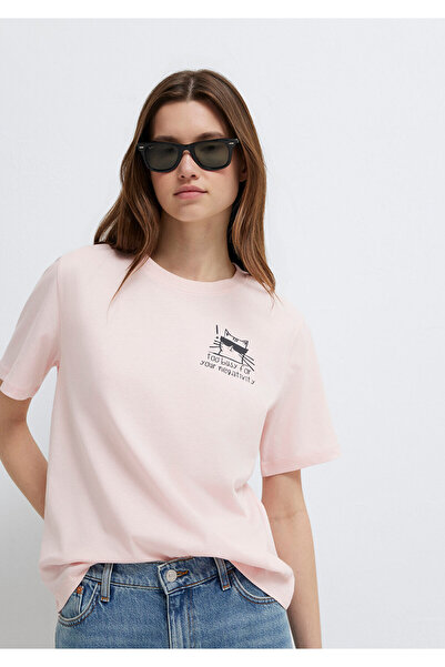 Mavi Rosafarbenes T-Shirt mit Katzen-Print, normale Passform 1613727-71014