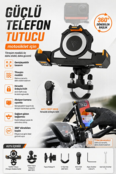 Motobros MT-4 Motor Telefon Tutucu Motosiklet Telefon Tutacağı Titreşim Modül...