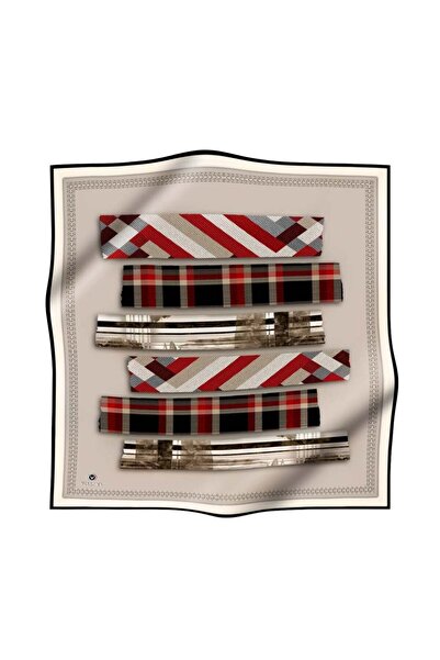 Vissona %100 Twill İpek Ekose Desenli Bej - Kırmızı Renkli 90x90 Eşarp Dikim ...